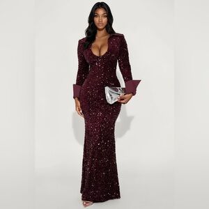 Fashion Nova Plum Sequin Maxi Dress Long Sleeve Bodycon Glam Evening Gown 1X